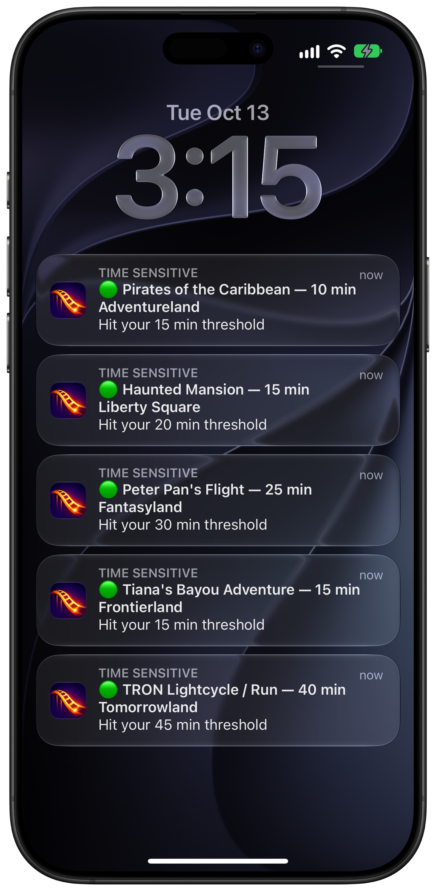 RideAlert push notifications stacked on the iPhone lock screen — Pirates of the Caribbean, Haunted Mansion, Peter Pan's Flight, Tiana's Bayou Adventure, and TRON Lightcycle all hitting their thresholds