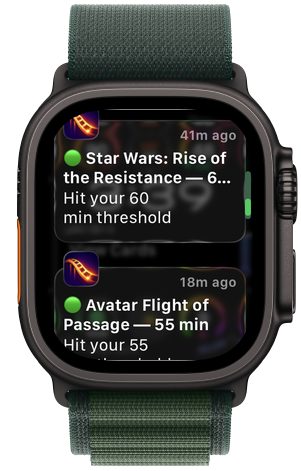 RideAlert notifications on Apple Watch Ultra — Star Wars: Rise of the Resistance and Avatar Flight of Passage hitting their thresholds