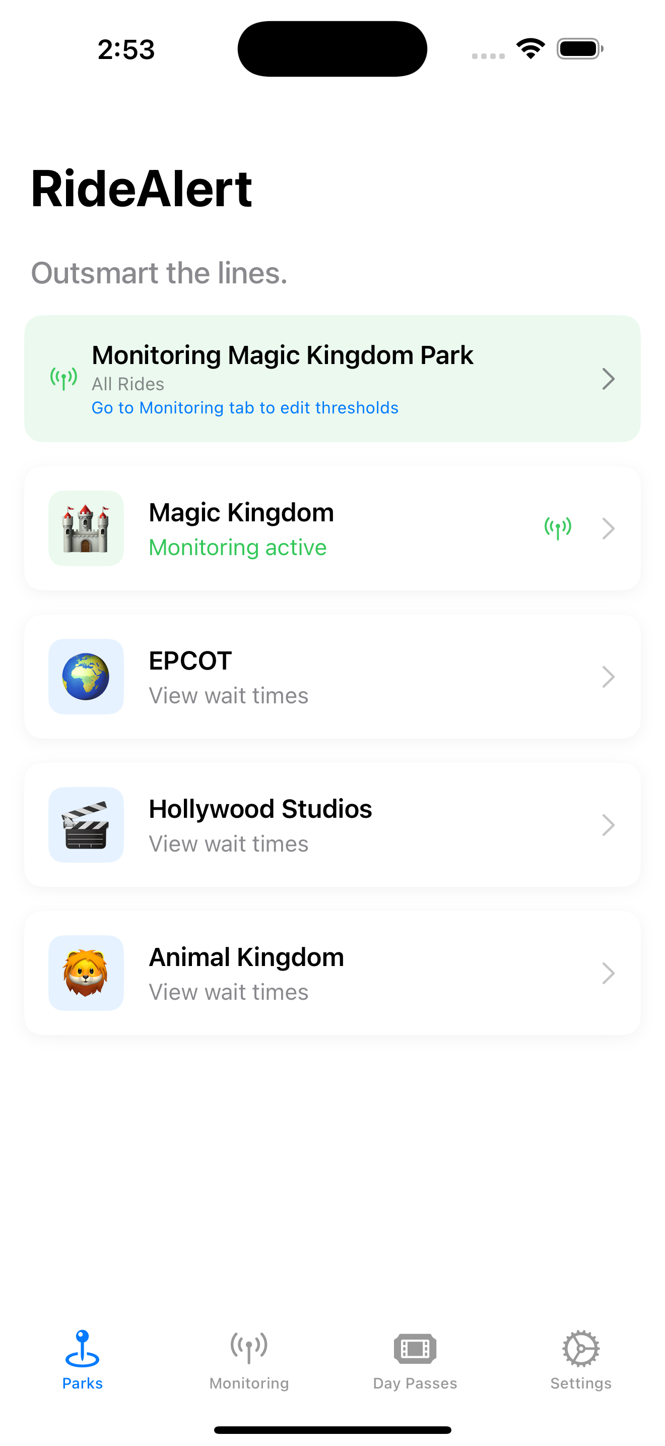 RideAlert park picker screen