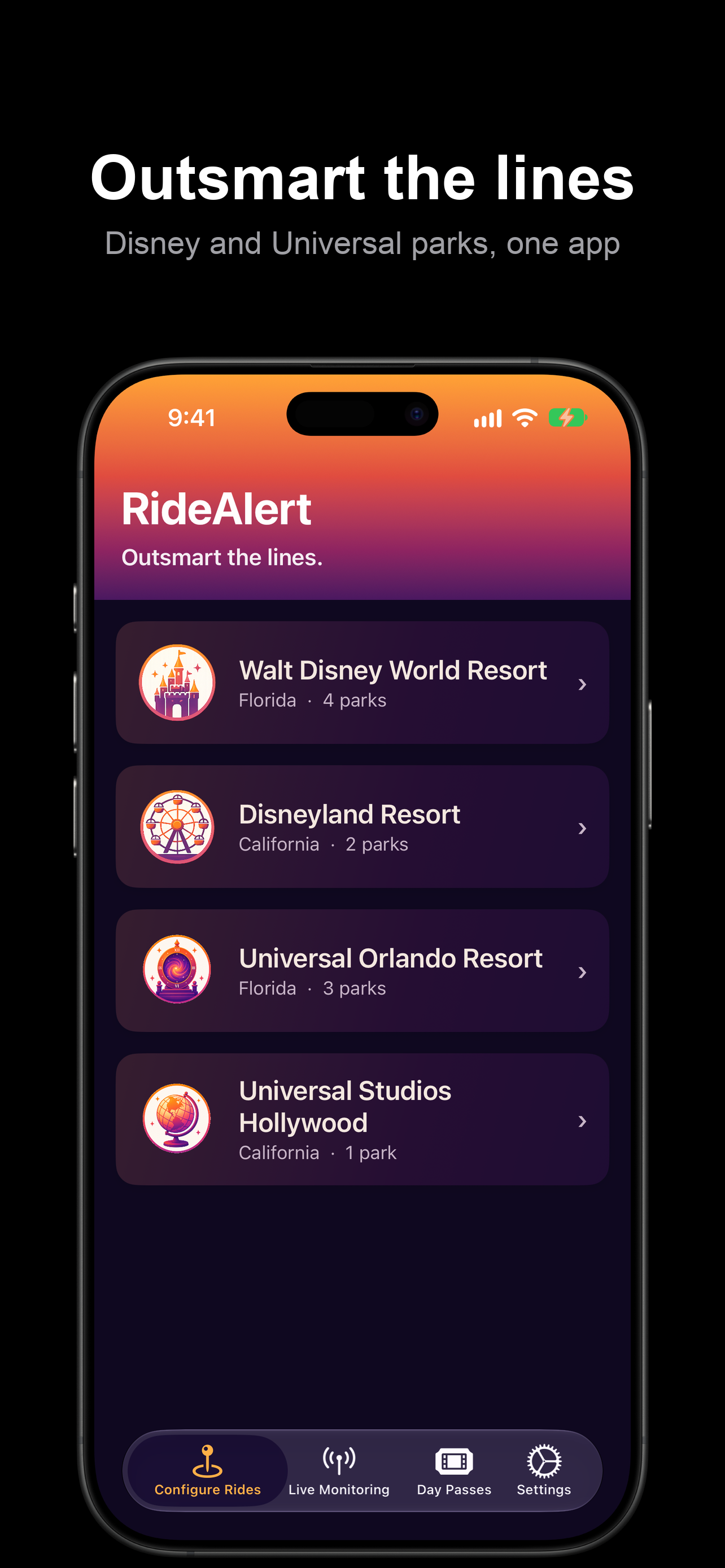 RideAlert home screen — Disney and Universal resorts in one app