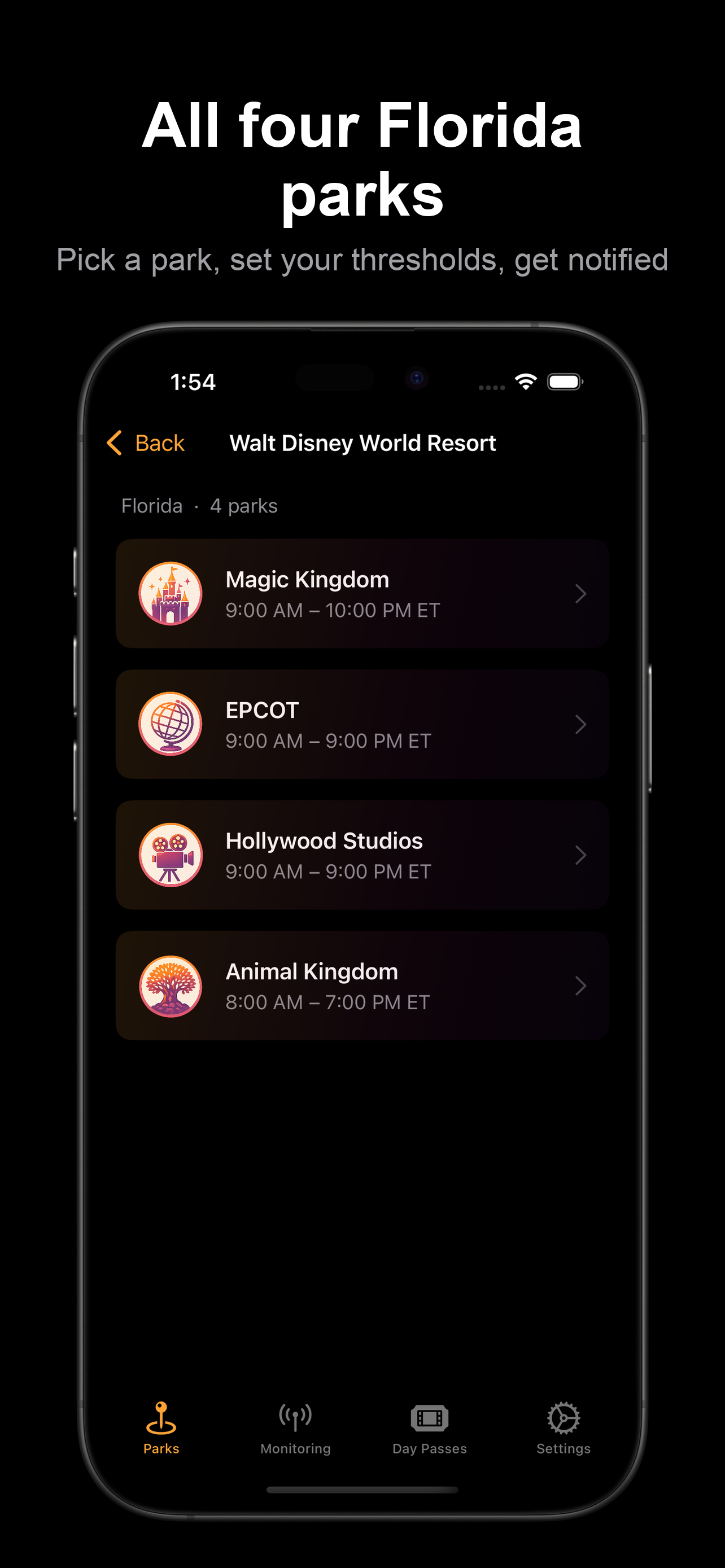 All four Walt Disney World parks: Magic Kingdom, EPCOT, Hollywood Studios, Animal Kingdom