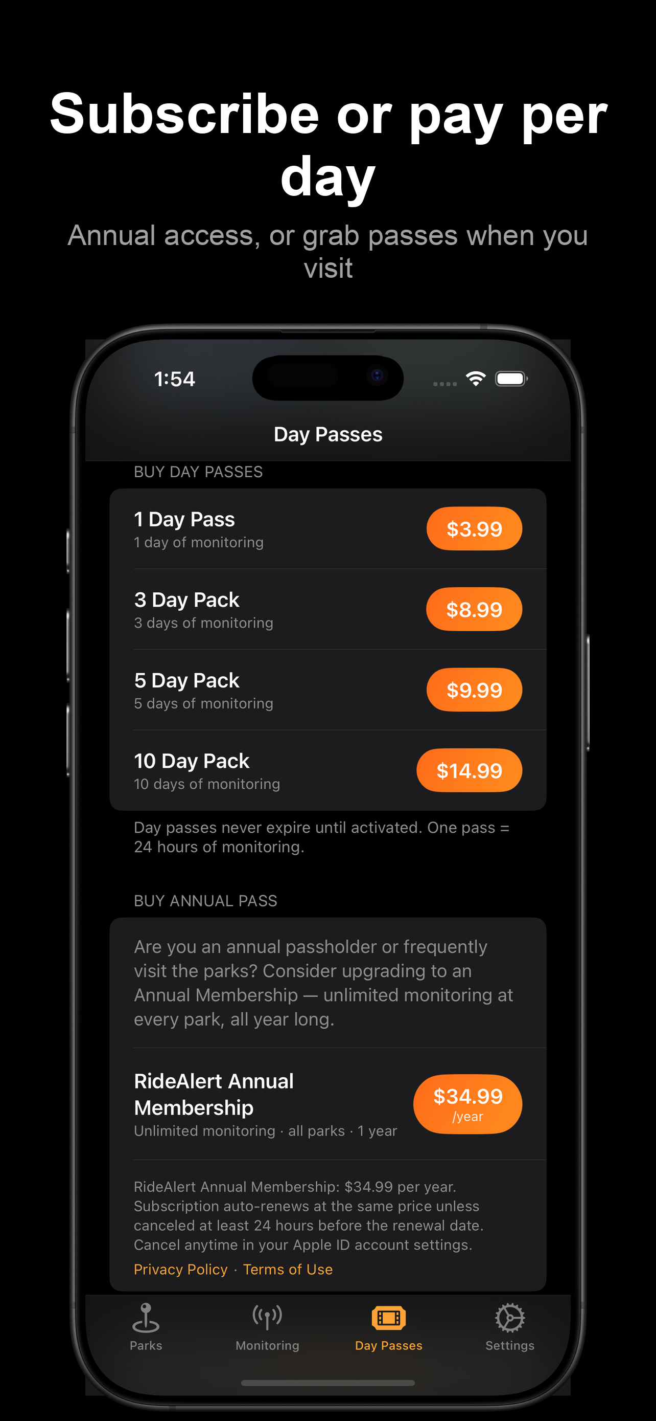 Day passes or annual subscription — pay only when you visit